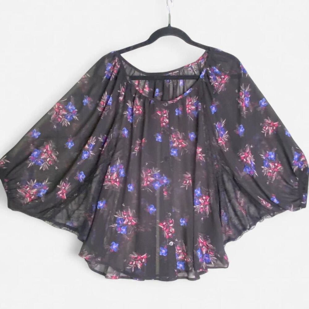 Black Floral Angel Wing Top with Lace Inserts M